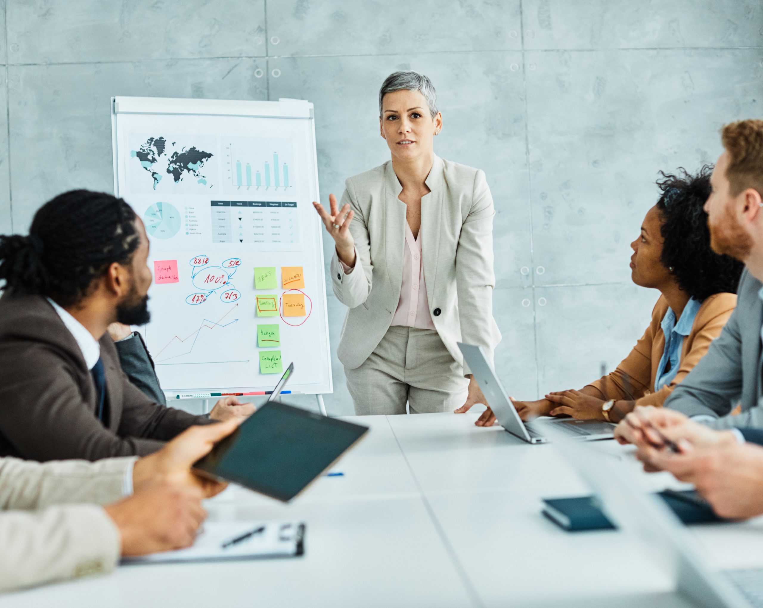 Group of young business people having a meeting or presentation and seminar with whiteboard in the office. Portrait of a young business woman